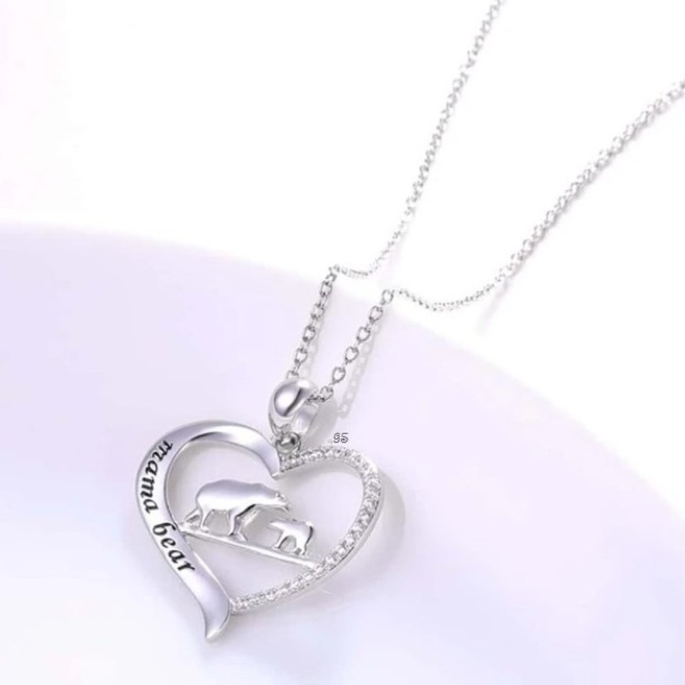 Mother's Day Gift - Mama Bear Rhinestone Silver tone Heart Charm Necklace - NWT - Picture 5 of 10